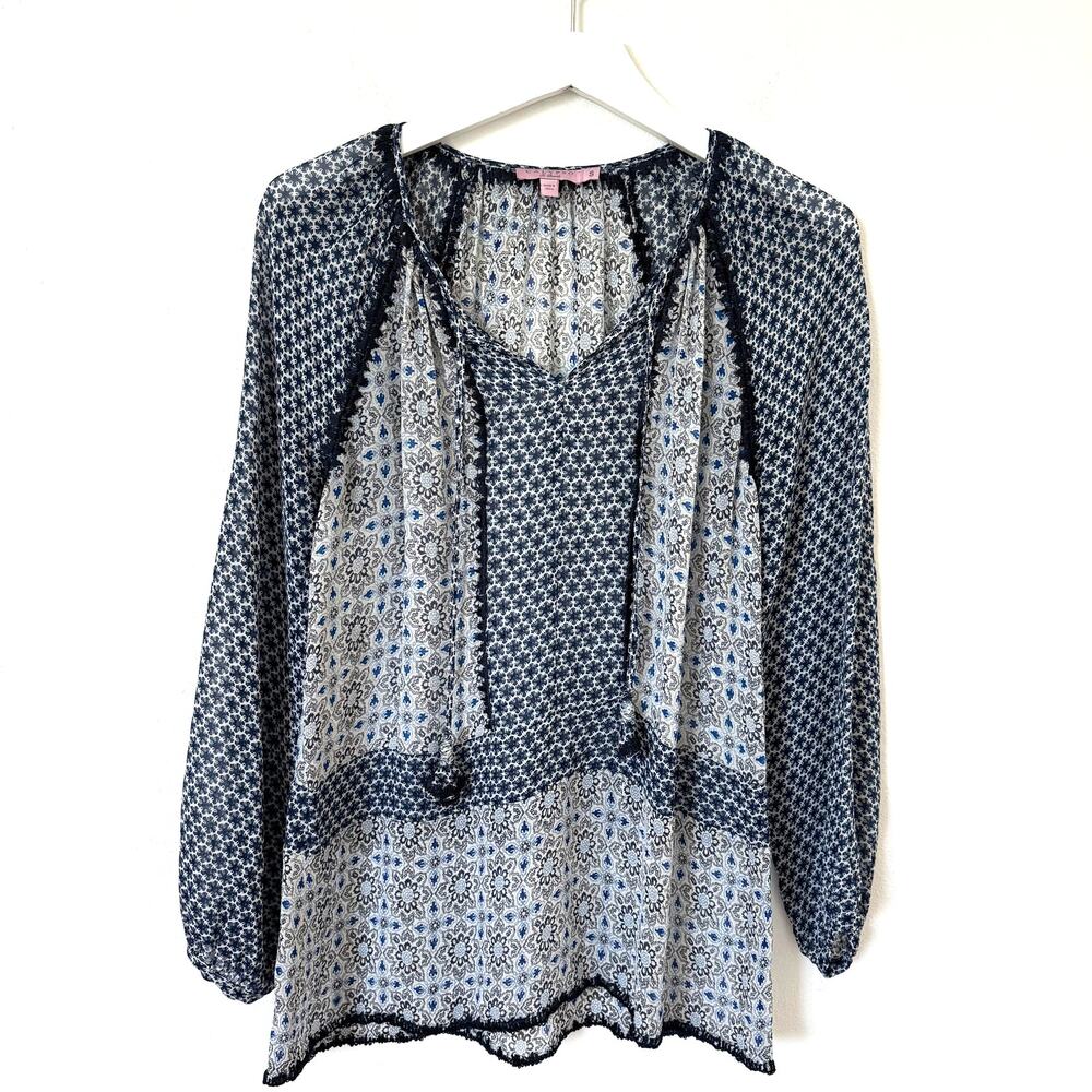 Calypso St. Barth Blue Floral Sheer Boho Silk Tunic Blouse-Tasseled Small